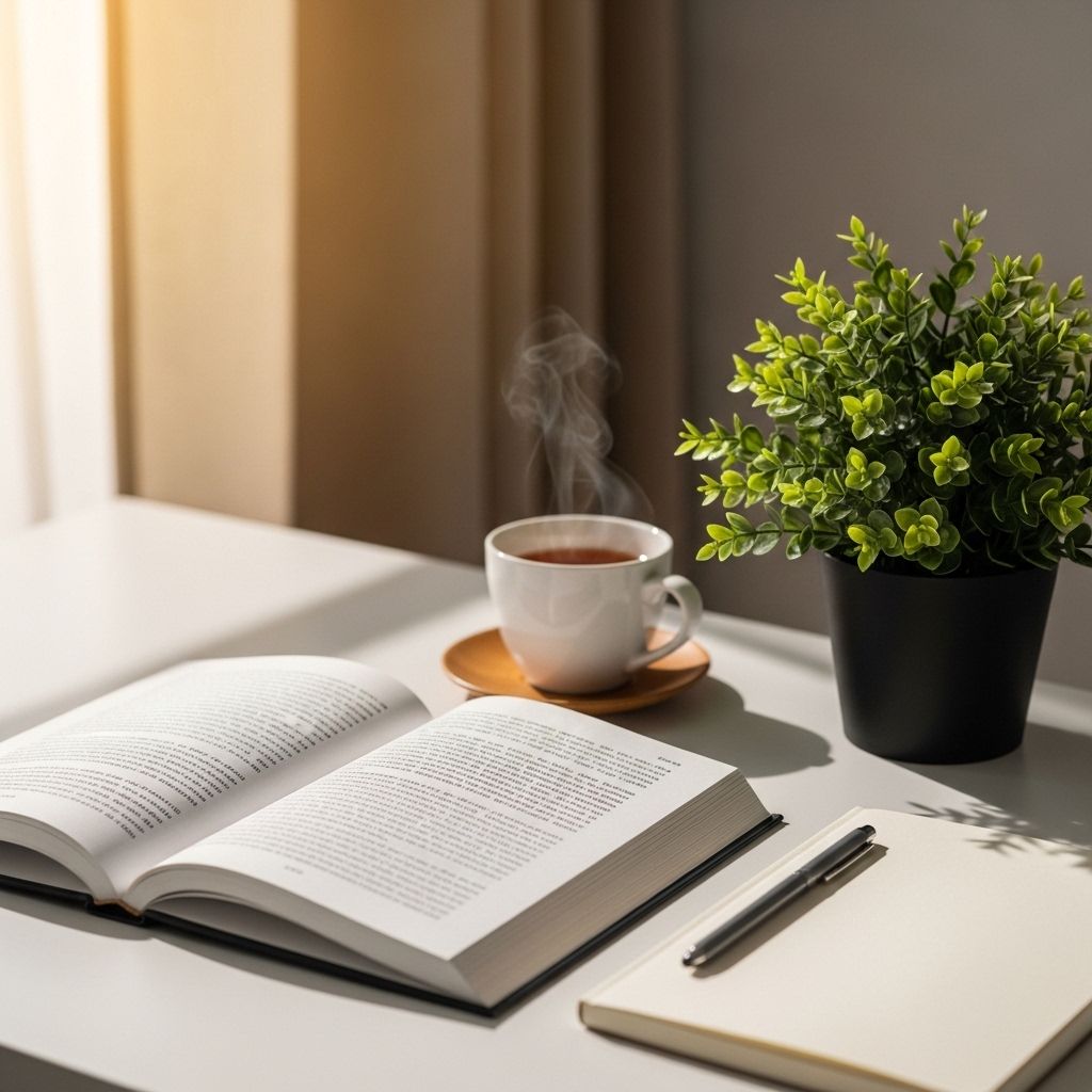 Bureau minimaliste avec un livre ouvert, un carnet de notes, une tasse de thé et une plante verte — ambiance studieuse et sereine dans un espace de travail lumineux