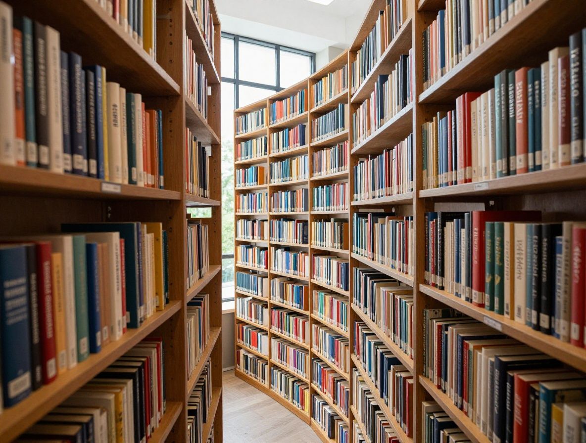 Bibliothèque lumineuse avec rangées de livres sur les sciences naturelles et la biologie, lumière naturelle entrant par une grande fenêtre, atmosphère studieuse et sereine