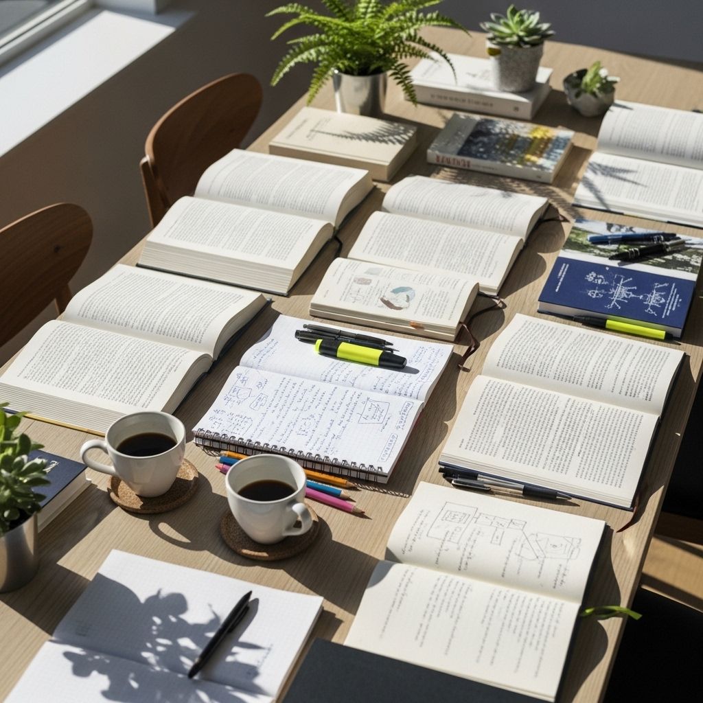 Collection de livres ouverts et carnets de notes sur une grande table lumineuse avec tasses de café, stylos et plantes vertes — atmosphère de lecture et d'apprentissage