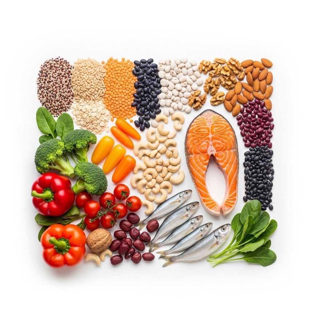 Composition visuelle de groupes alimentaires — grains entiers, légumineuses, noix, poisson et légumes colorés arrangés en sections distinctes sur fond blanc