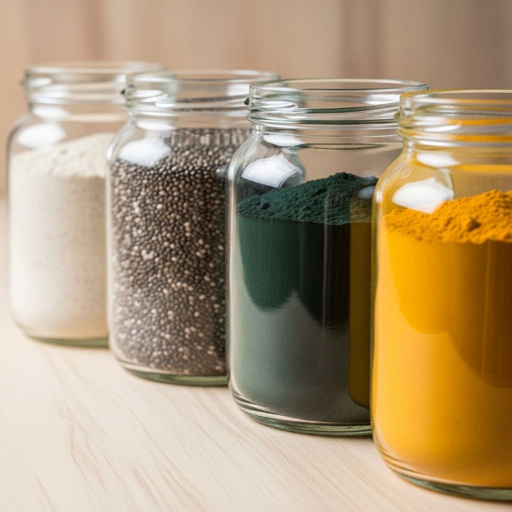Rangée de bocaux en verre contenant différentes poudres naturelles et graines — protéines végétales, graines de chia, spiruline et curcuma sur fond de bois clair