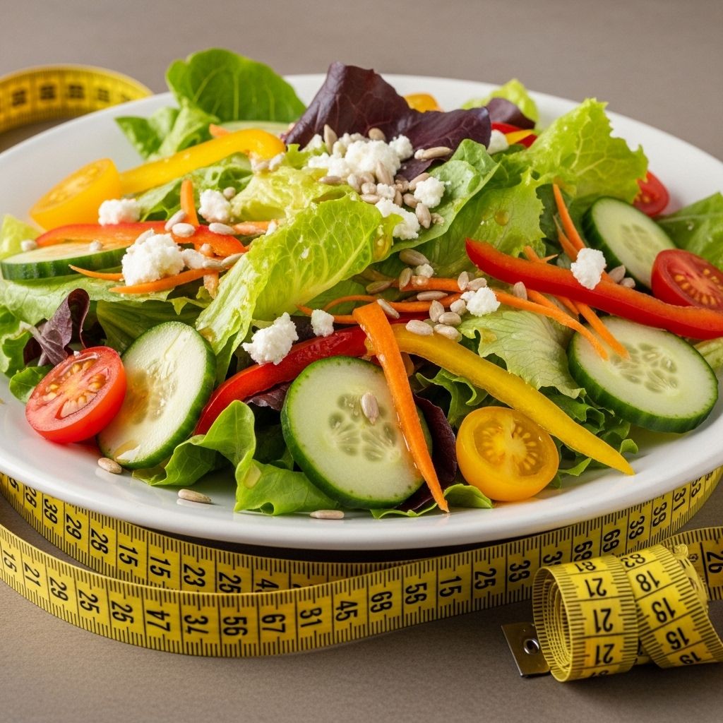 Assiette de salade composée avec mesure de ruban autour, évoquant l'équilibre nutritionnel et la gestion des portions alimentaires sur fond sombre