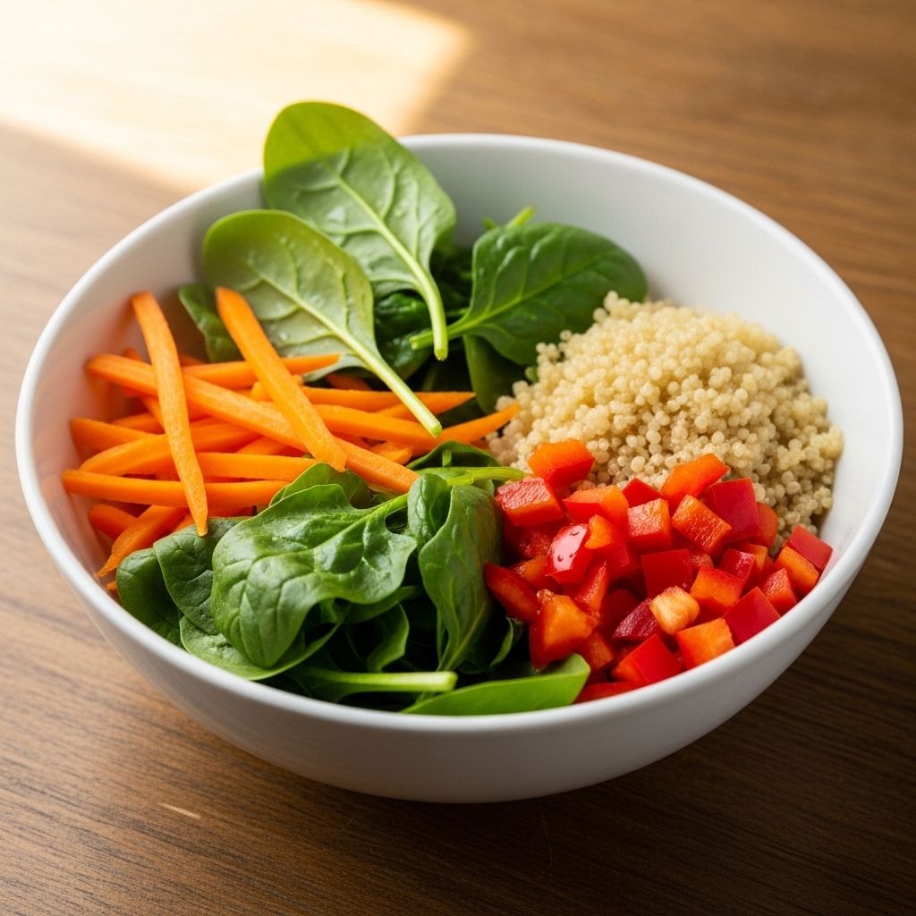 Bol de légumes colorés et frais — carottes, épinards, poivrons rouges et quinoa sur une table en bois naturel, lumière naturelle douce