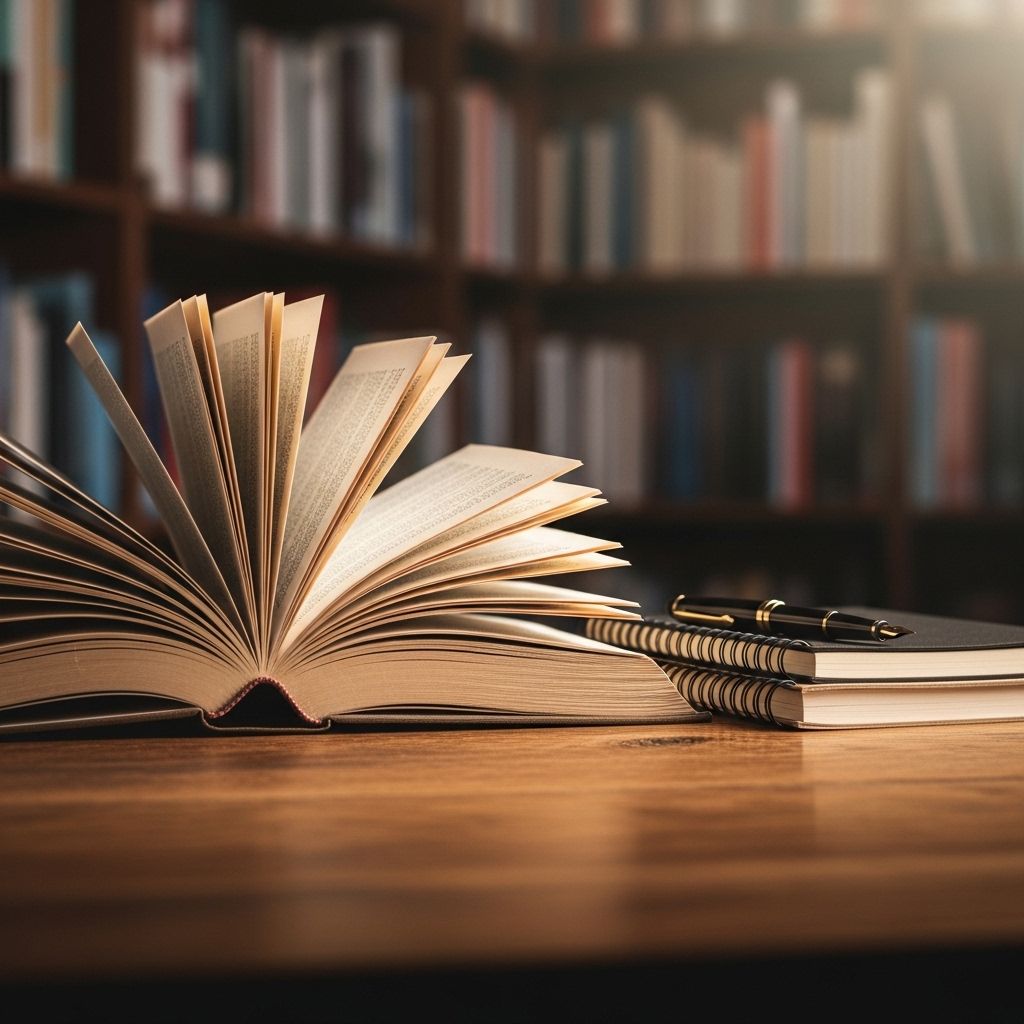 Bibliothèque avec livres ouverts sur une table en bois, carnets de notes et stylo à côté, lumière chaude d'une lampe de bureau, ambiance studieuse et analytique