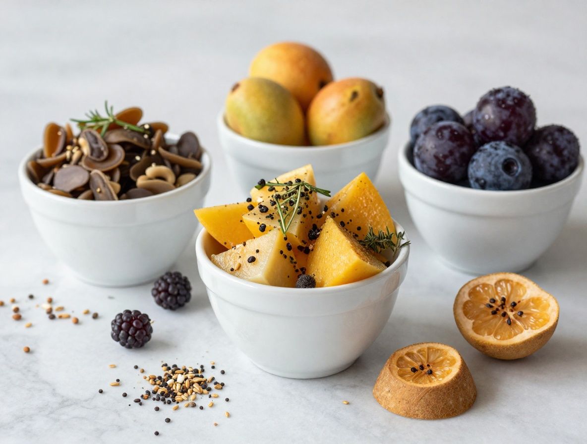 Sélection de fruits frais tranchés, légumineuses dans des bols en céramique blanche, graines et herbes aromatiques disposés sur une surface en marbre claire