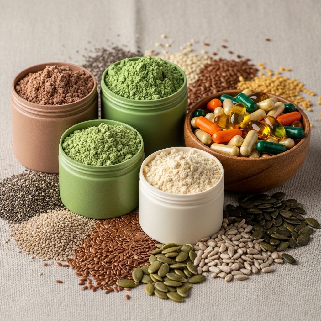 Assortiment de compléments alimentaires naturels — pots de protéines en poudre, capsules de vitamines et graines sur fond d'ardoise gris foncé, arrangement épuré