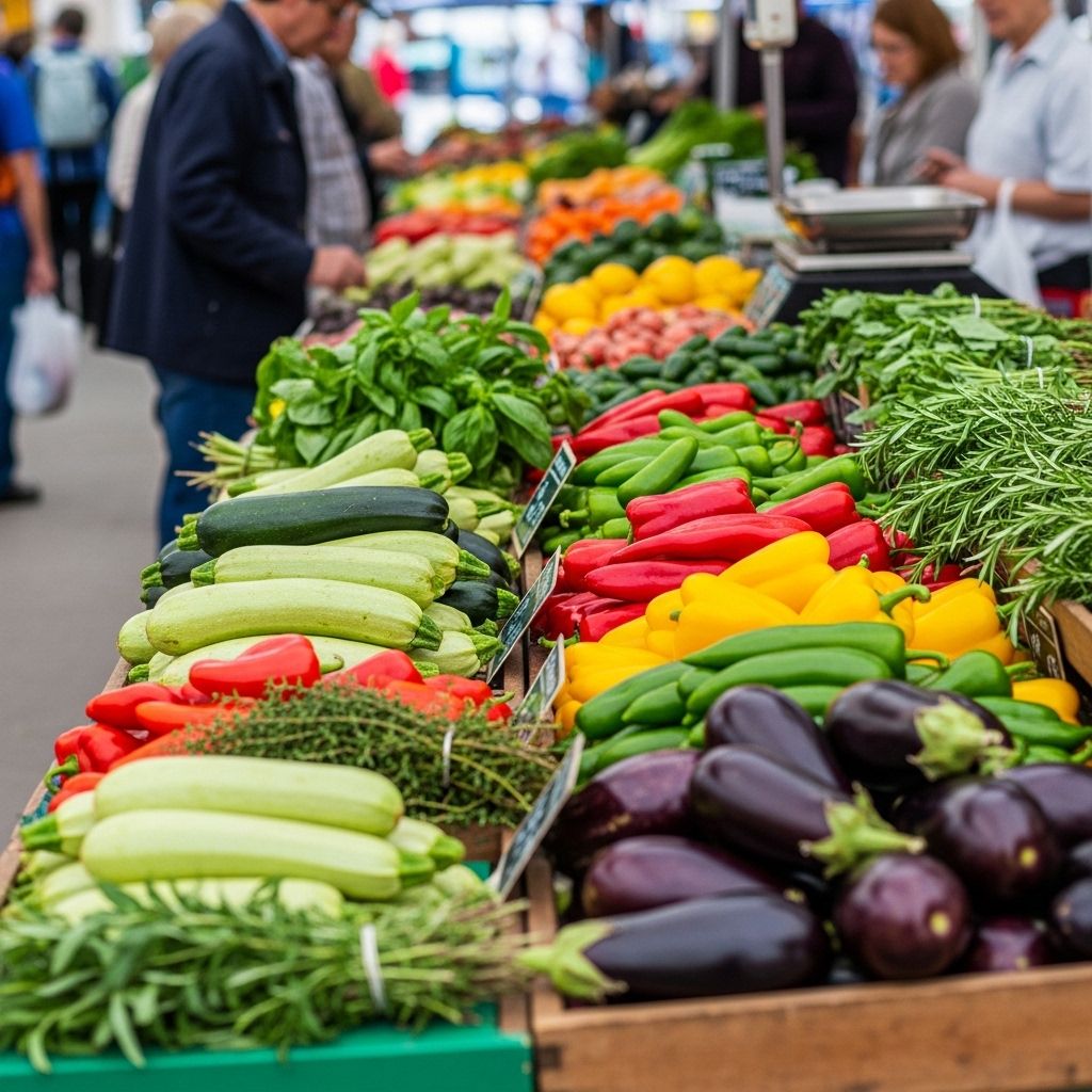 Marché de producteurs avec étals de légumes biologiques colorés — courgettes, poivrons variés, aubergines et herbes fraîches disposés sur bois rustique